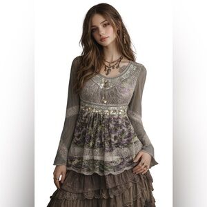 Y2K Boho Fairycore Lace Mesh Beaded Babydoll Blouse Sheer Goblincore Earthy